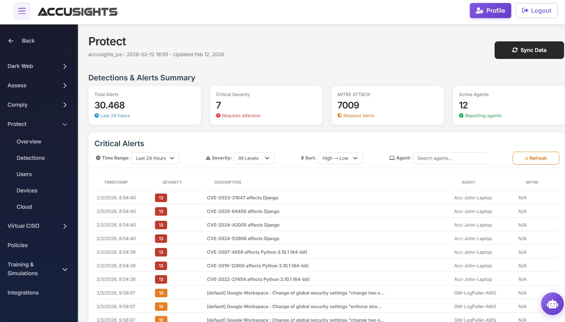 AccuSights Protect detections and alerts dashboard