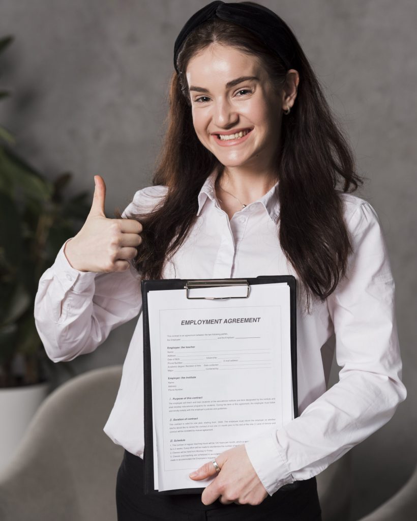 front-view-woman-holding-contract-giving-thumbs-up